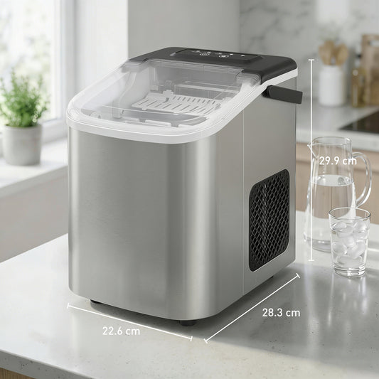 HOMCOM Ice Maker Machine Countertop, 9 Cubes Ready in 7 Mins, 12 KG in 24Hrs, 2 Sizes of Bullet, Self-Cleaning Ice Machine with Portable Handle, Scoop and Basket for Home Kitchen Office RV