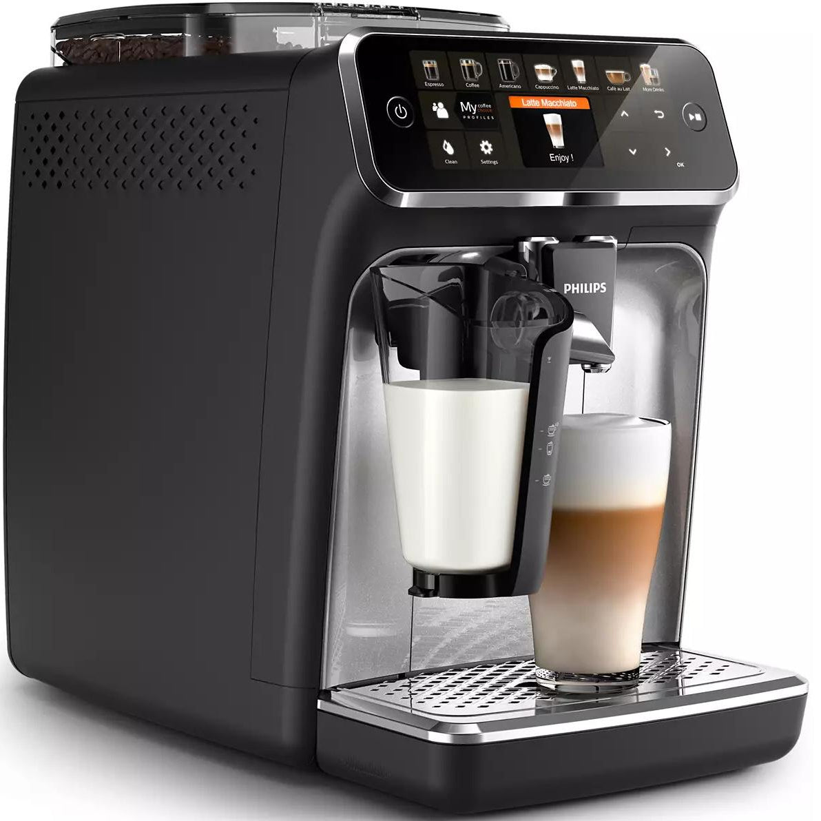 Philips EP5446/70 coffee machine with a glass of coffee on a white background
