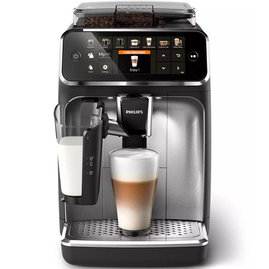 Philips EP5446/70 coffee machine with a glass of coffee on a white background