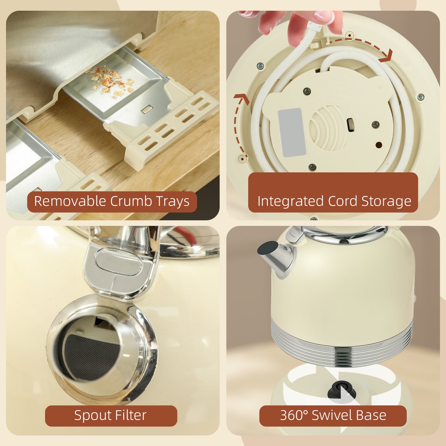 HOMCOM Kettle And Toaster Set, Polished Metal Kitchen Appliance Set for Breakfast Stations & Countertop, Cream