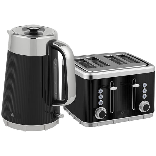 HOMCOM Electric Stainless Steel Kettle and Toaster Set, 3000W 1.7L UK Strix Thermostat Fast Boil Kettle w/ Limescale Filter, Cool Touch Body, 4 Slice Toaster with 7 Browning Levels, Black