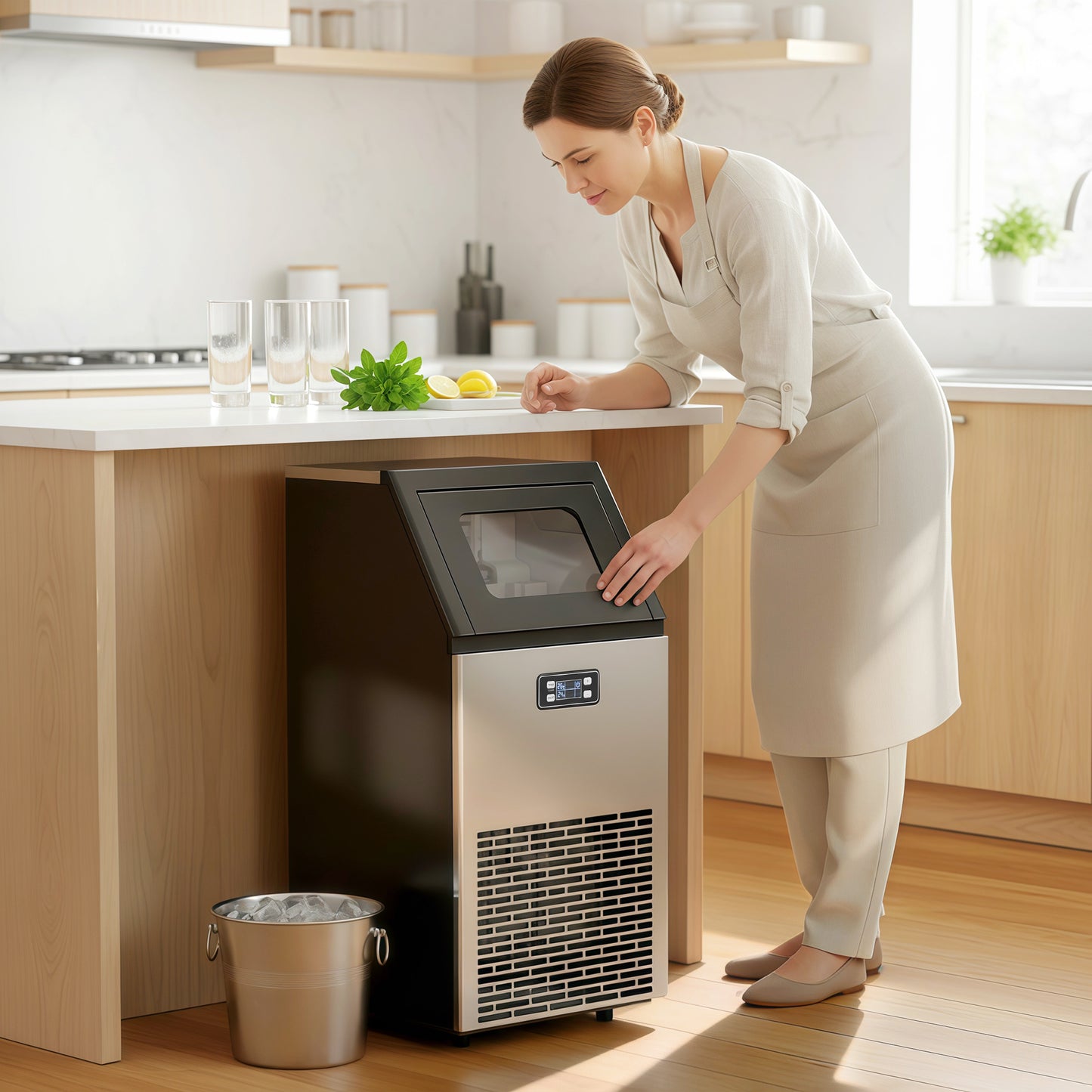 HOMCOM Commercial Ice Maker Machine, Freestanding Stainless Steel Ice Machine with Self-Cleaning, LCD Display, 45kg/24 Hours and 11kg Ice Storage for Home, Office, Bar, Restaurant, Supermarkets
