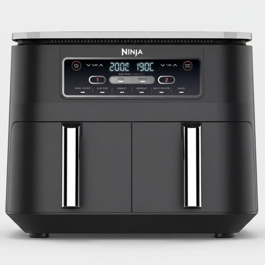 Ninja Foodi Dual Zone AF300UK 7.6L air fryer in black with two independent 3.8L cooking drawers