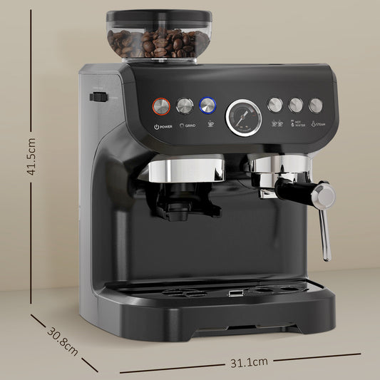 HOMCOM 15 Bar Coffee Machine with Adjustable Grind, Steamer and Accessories, Good Housekeeping Institute Approved, Black
