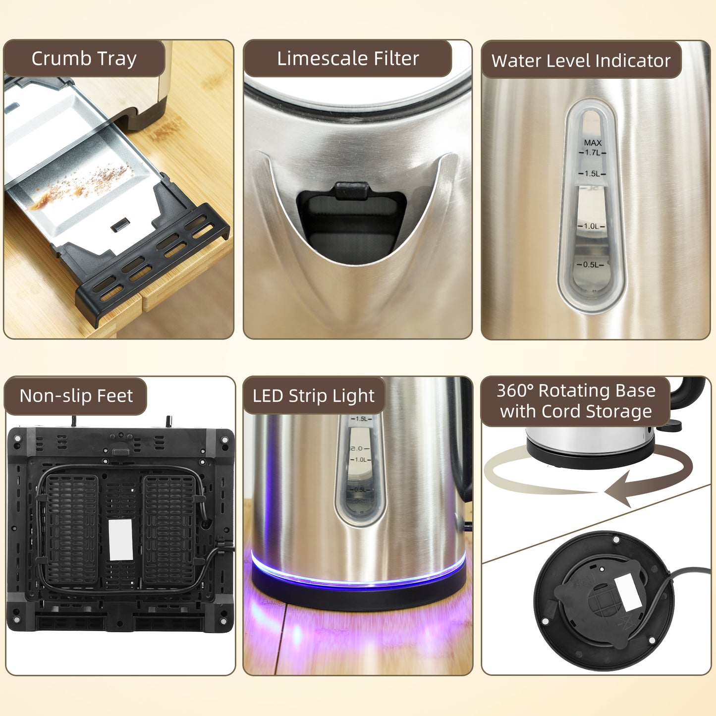 HOMCOM Kettle and Toaster Set, 1.7L 3000W Rapid Boil Jug Kettle with Otter Thermostat, Limescale Filter, 4 Slice Toaster with 7 Browning Controls, Crumb Tray, LED Strip, Silver Tone