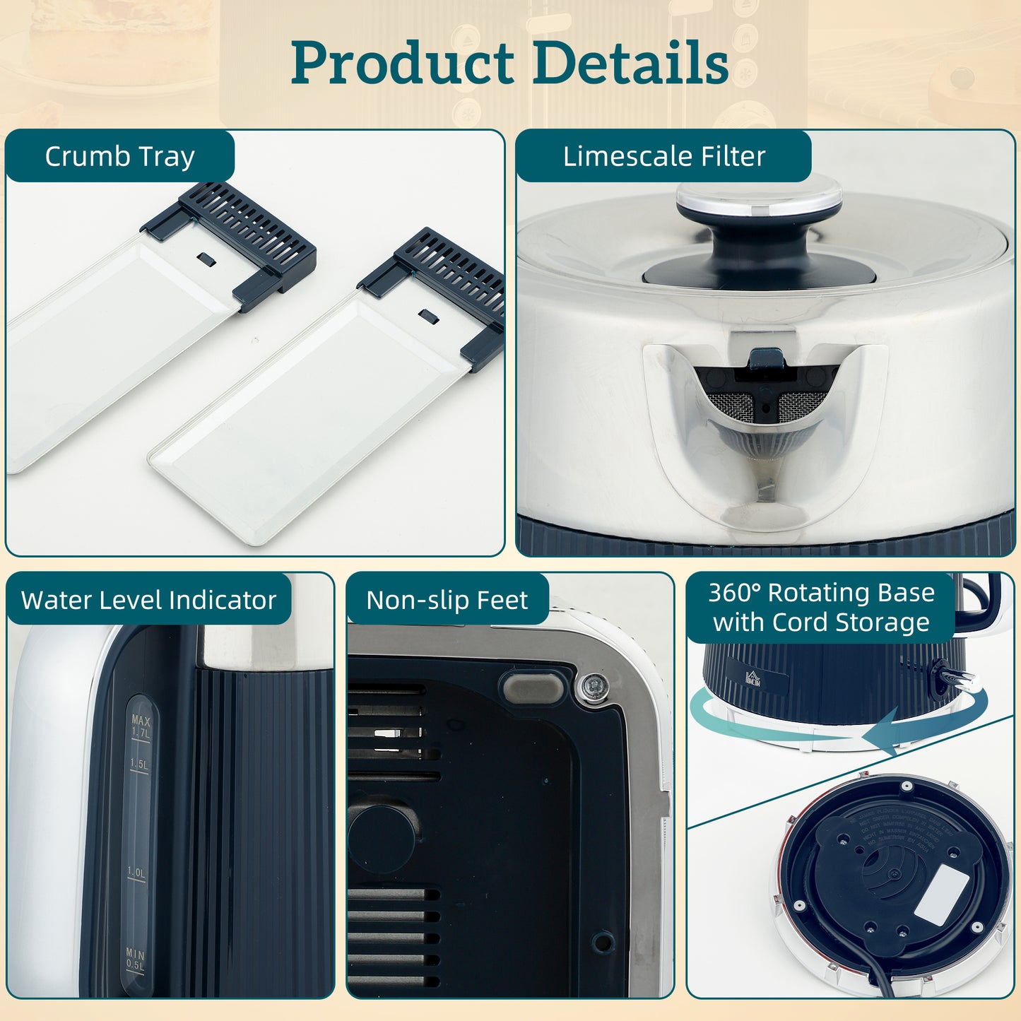 HOMCOM Electric Stainless Steel Kettle and Toaster Set, 3000W 1.7L UK Strix Thermostat Dark Blue