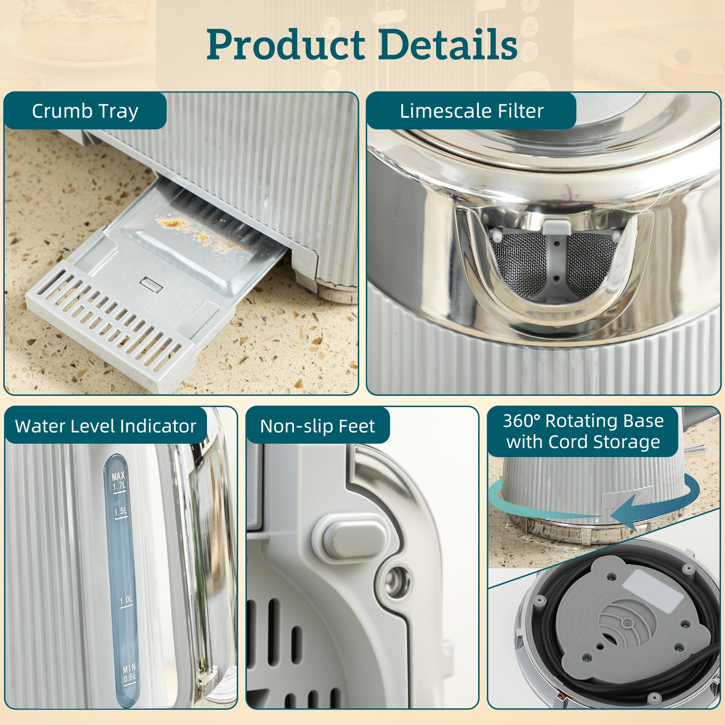 HOMCOM Electric Stainless Steel Kettle and Toaster Set, 3000W 1.7L UK Strix Thermostat Fast Boil Kettle w/ Limescale Filter, Cool Touch Body, 4 Slice Toaster with 7 Browning Levels, Taupe