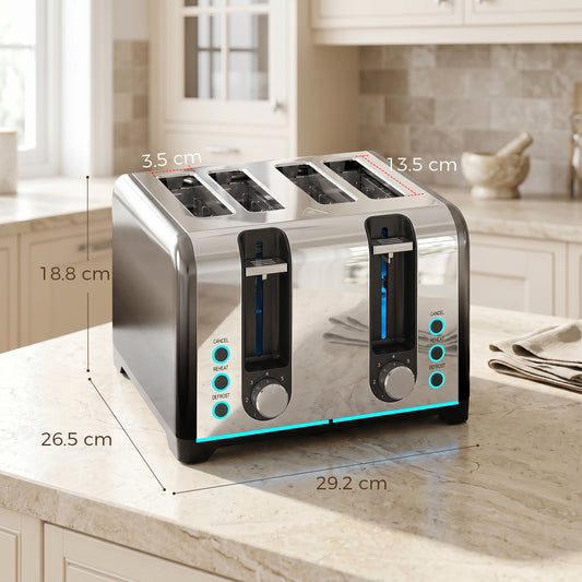 HOMCOM 4 Slice Toaster with 7 Browning Levels, Reheat, Defrost and Cancel Functions