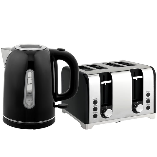 HOMCOM Kettle and Toaster Set, 1.7L 3000W Rapid Boil Jug Kettle with Otter Thermostat, Limescale Filter, 4 Slice Toaster with 7 Browning Controls, Crumb Tray, LED Strip, Black