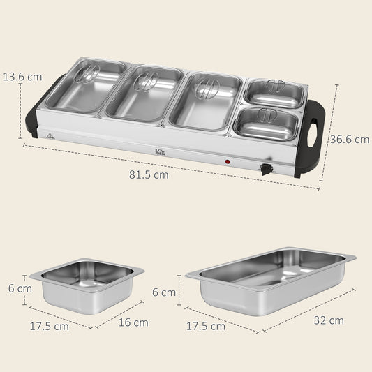 HOMCOM 5 Tray Electric Food Warmer Buffet Server with Warming Plate, Cool Touch Handles, Adjustable Temperature, 300W, 3 x 2.4L and 2 x 1L Pans
