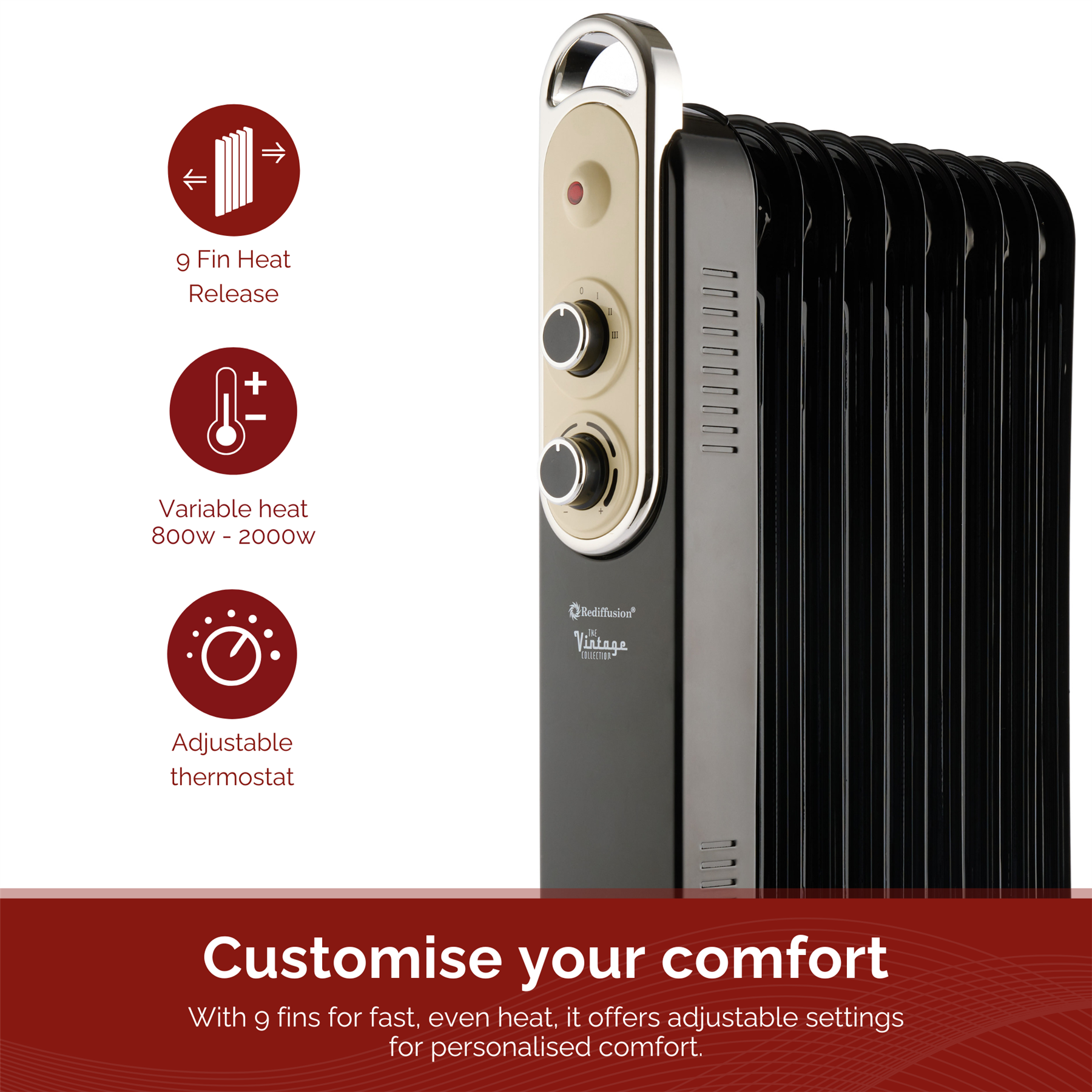 Rediffusion Vintage 9 Fin Oil Filled Radiator 2KW Black