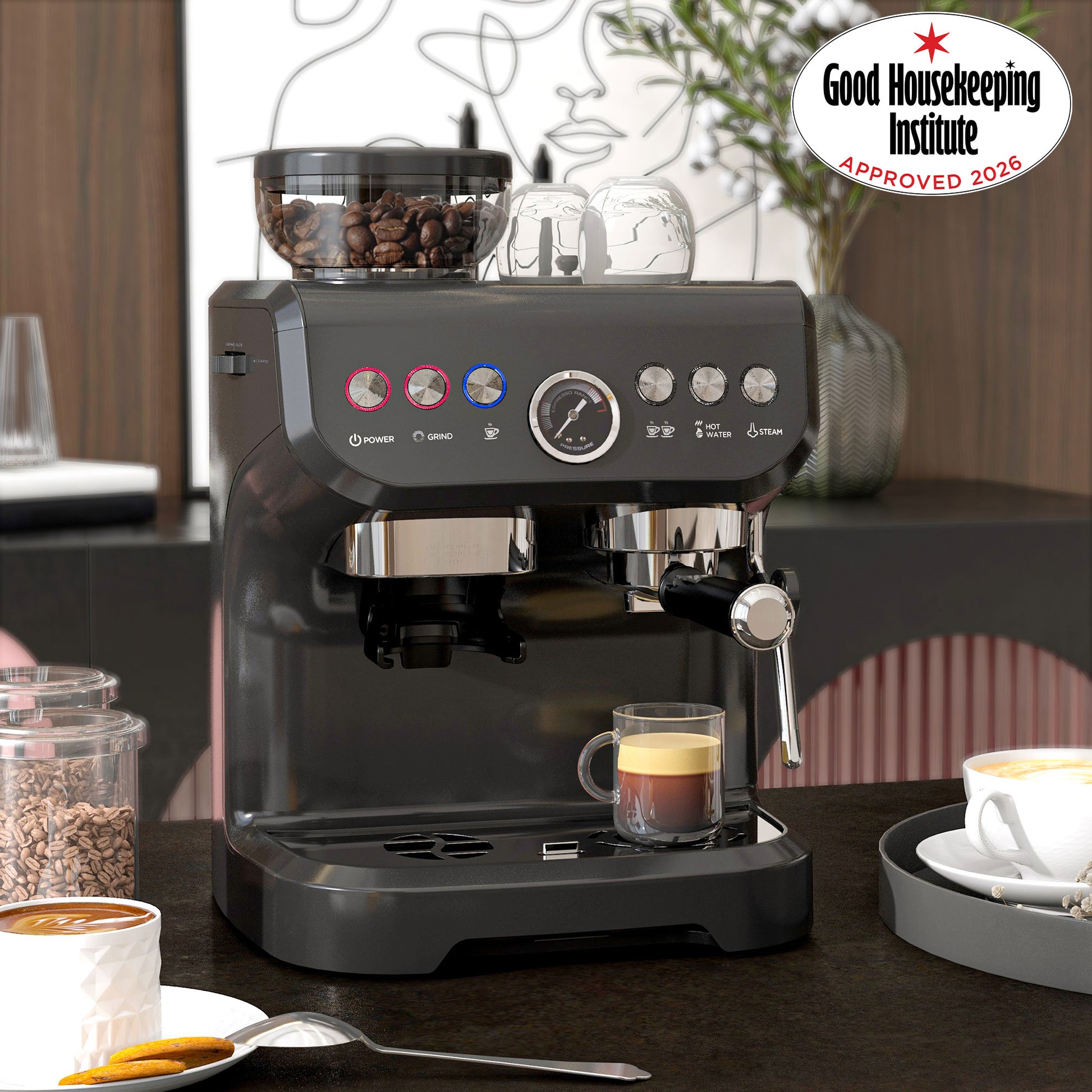 HOMCOM 15 Bar Coffee Machine with Adjustable Grind, Steamer and Accessories, Good Housekeeping Institute Approved, Black