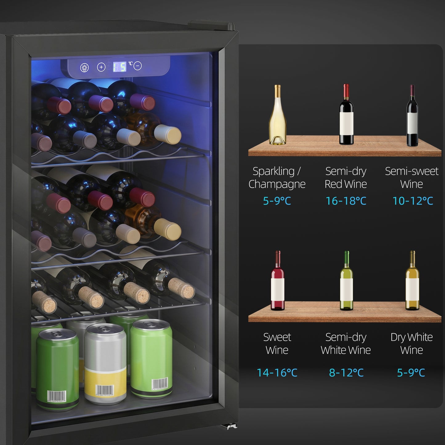 HOMCOM 24 Bottle Wine Cooler, 68 Litre Capacity, 4-16°C Freestanding Drinks Beer Wine Fridge with Glass Door, Black