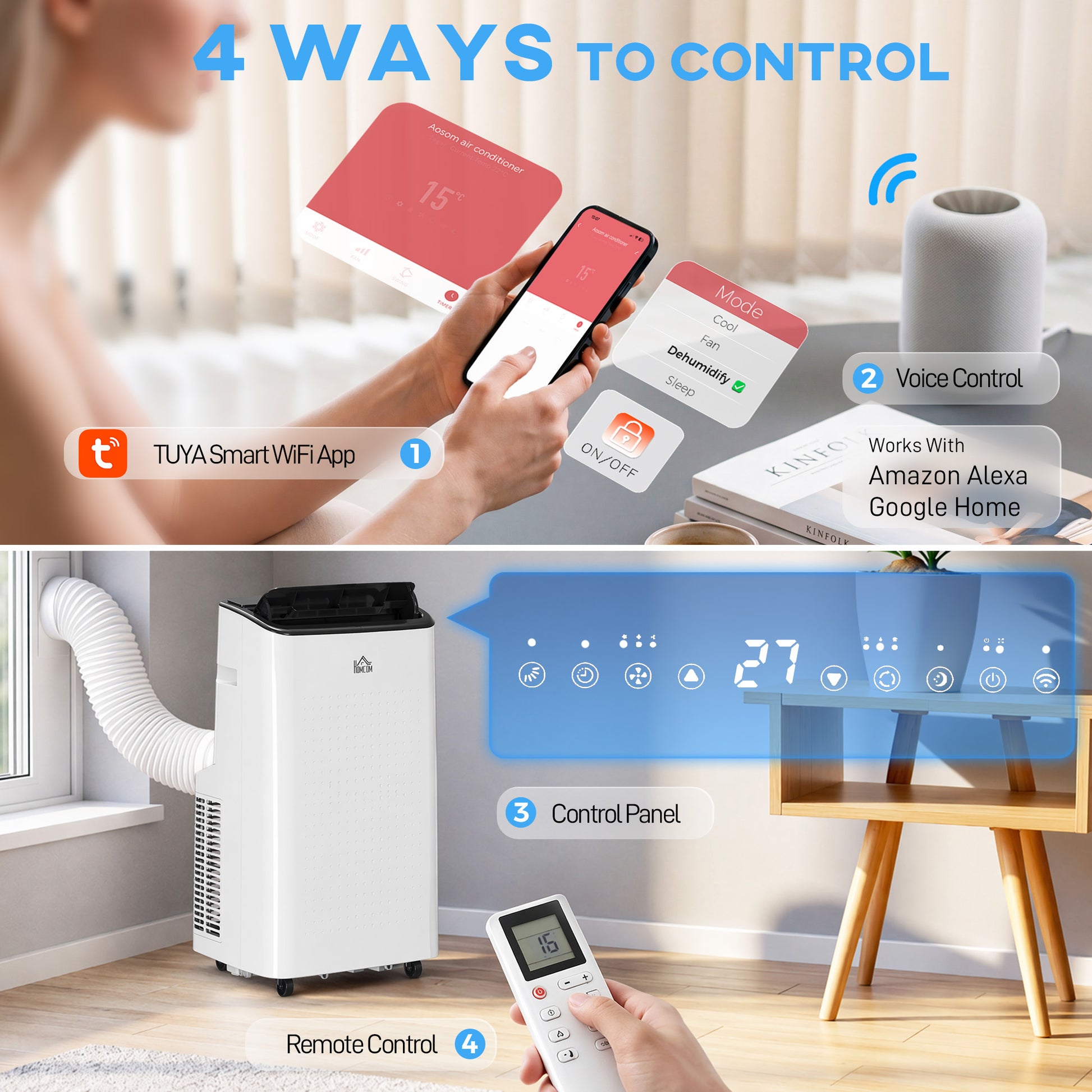 HOMCOM 14000 BTU Mobile Air Conditioner for Room up to 35m², Smart Home WiFi Compatible, with Dehumidifier, Fan, 24H Timer