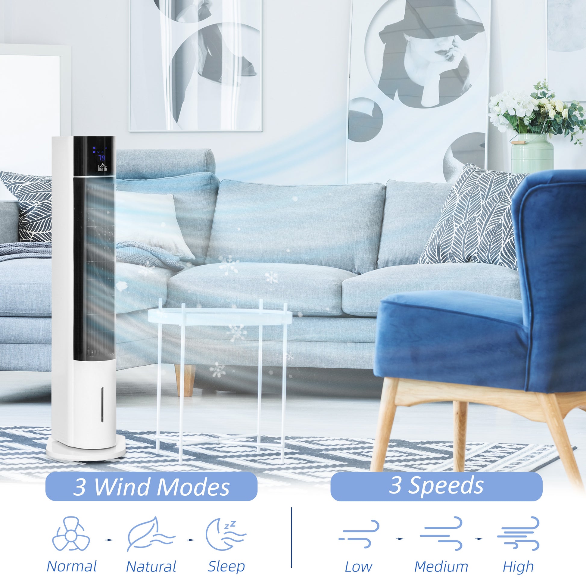 HOMCOM Portable Air Cooler, 3L Tank Evaporative Ice Cooling Tower Fan with 3 Modes, 3 Speeds, Remote, Timer, 60° Oscillating, Portable Swamp Cooler for Home Bedroom, White
