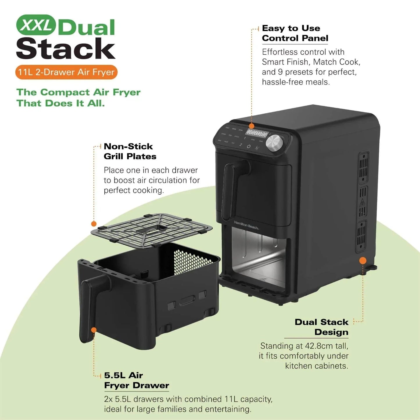 Hamilton Beach XXL Dual Stack 11L Air Fryer - Under Cabinet Fit