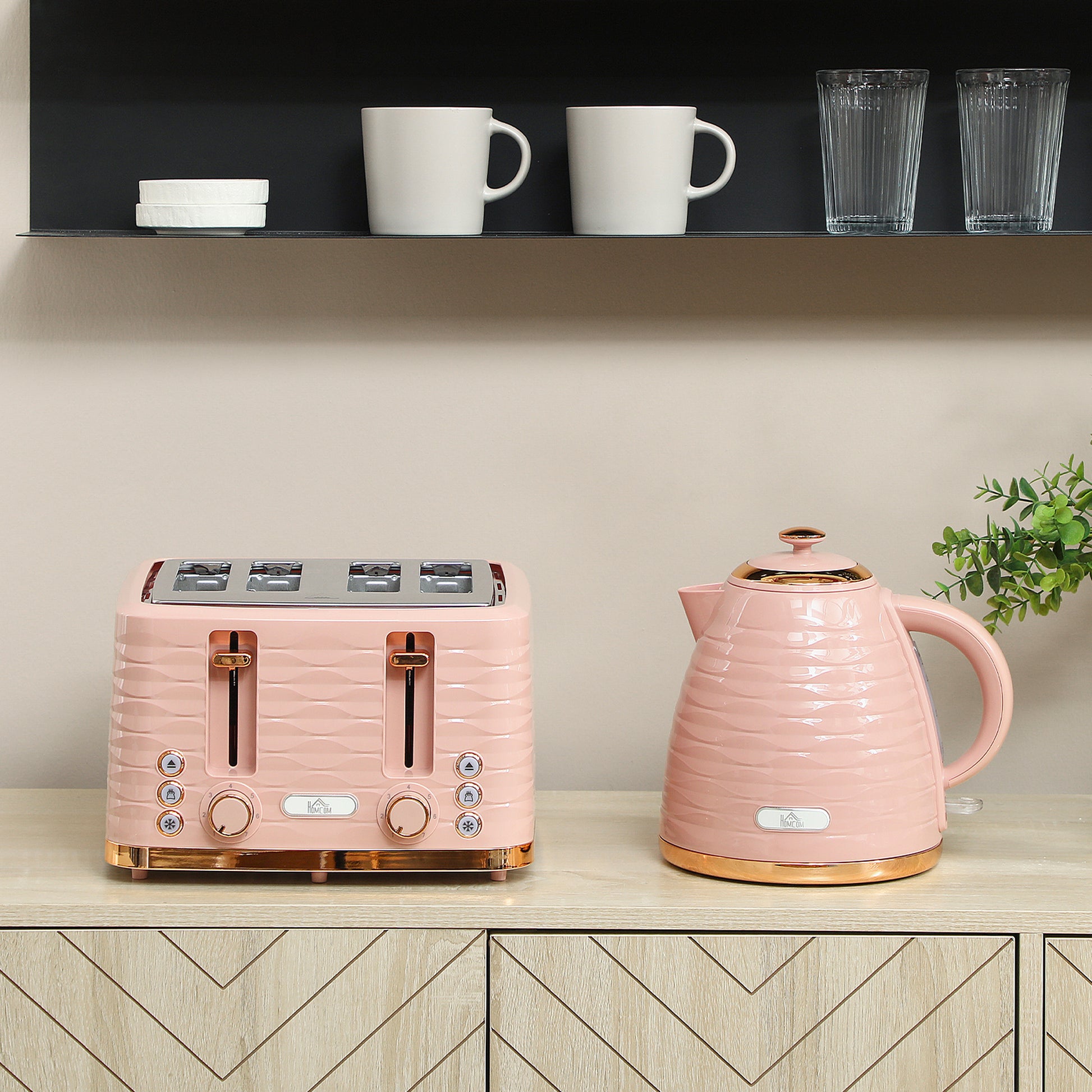 HOMCOM 3000W 1.7L Kettle & 4 Slice Toaster, Kettle and Toaster Set with 7 Browning Controls and Crumb Tray, Light Pink