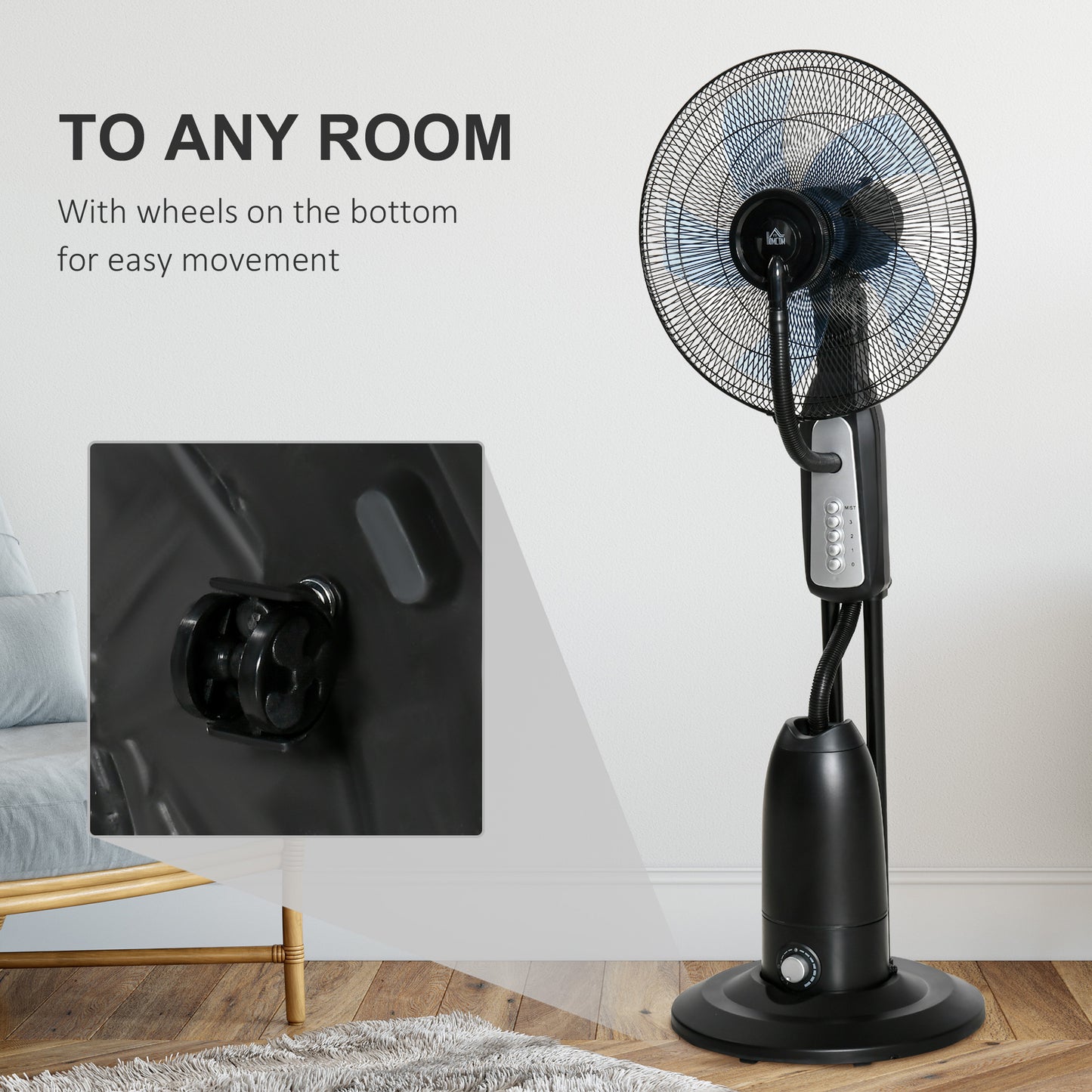 HOMCOM Spray Misting Fan, Floor Fan with Water Mist Spray, 70° Oscillation, Tilt Head, 3 Speeds, 2.8L Water Tank, Black