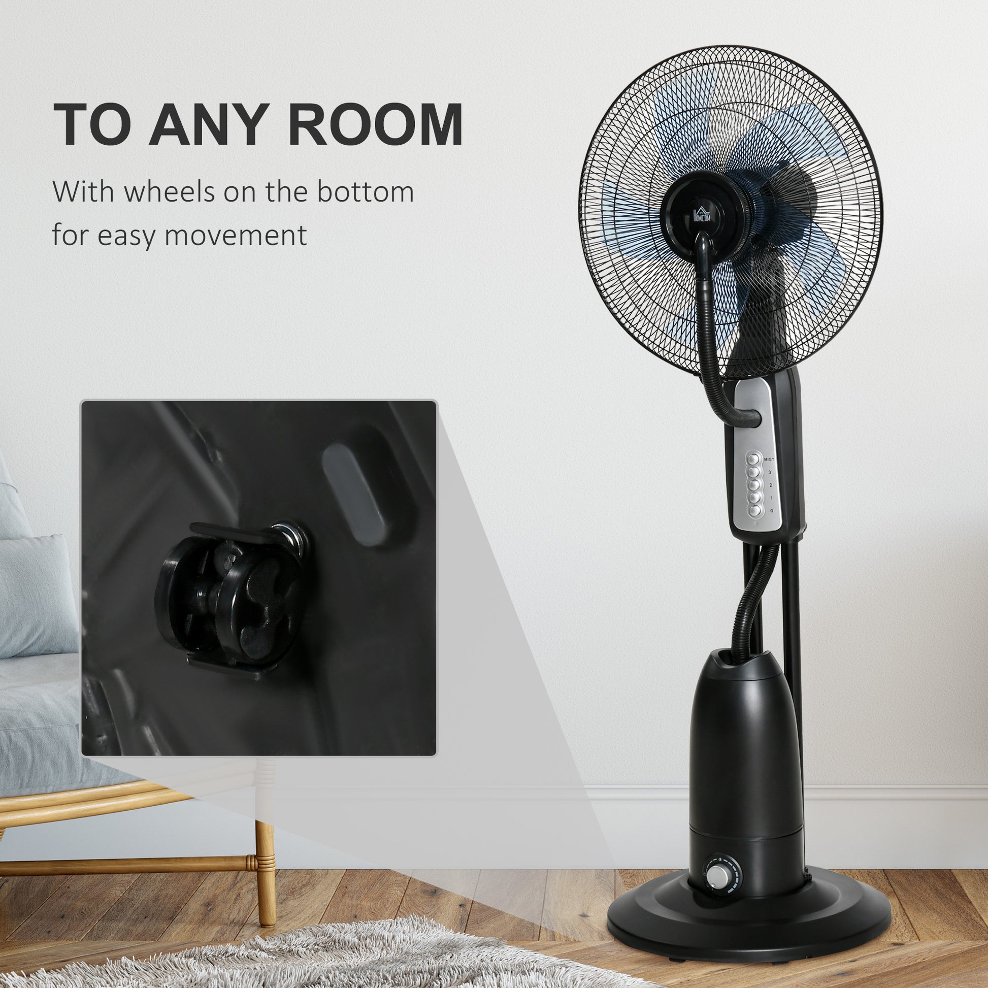 HOMCOM Spray Misting Fan, Floor Fan with Water Mist Spray, 70° Oscillation, Tilt Head, 3 Speeds, 2.8L Water Tank, Black