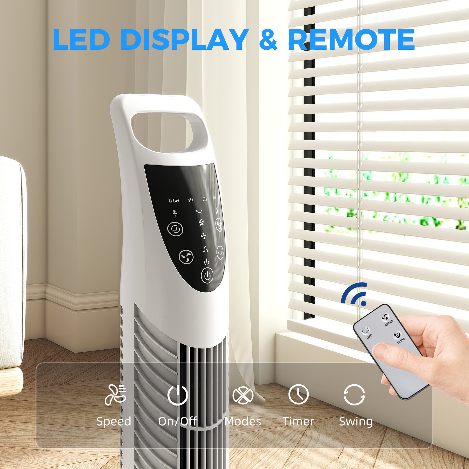 HOMCOM Tower Fan Oscillating 3 Speeds 3 Winds 40W w/ RC Timer Quiet - White