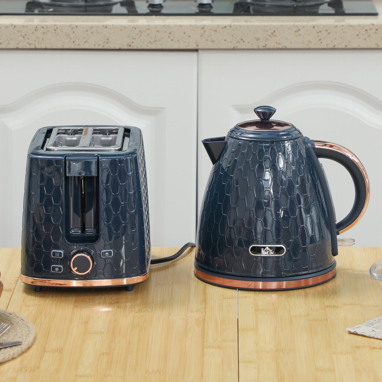 HOMCOM 1.7L 3000W Fast Boil Kettle & 2 Slice Toaster Set, Kettle and Toaster Set with Auto Shut Off, Browning Controls, Blue