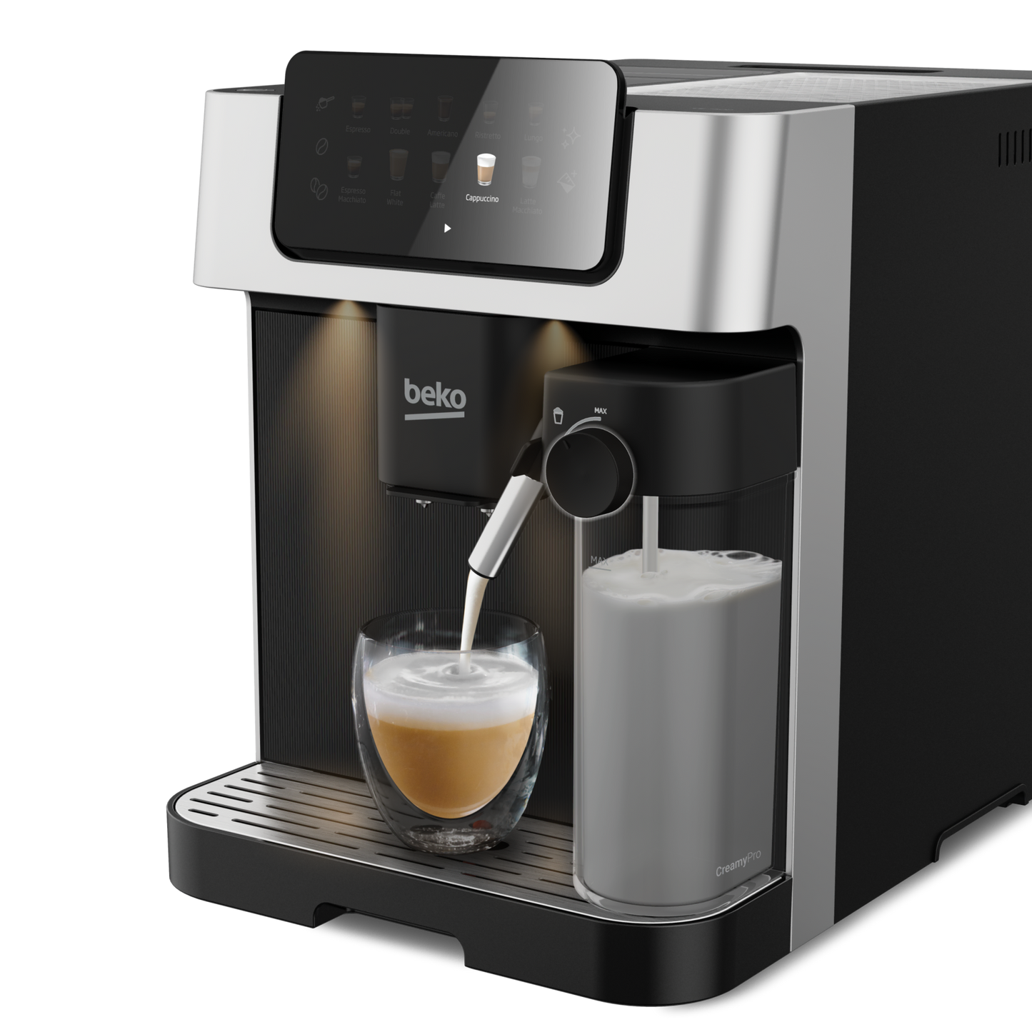 Beko CEG7304X CaffeExperto bean to cup coffee machine - side profile view