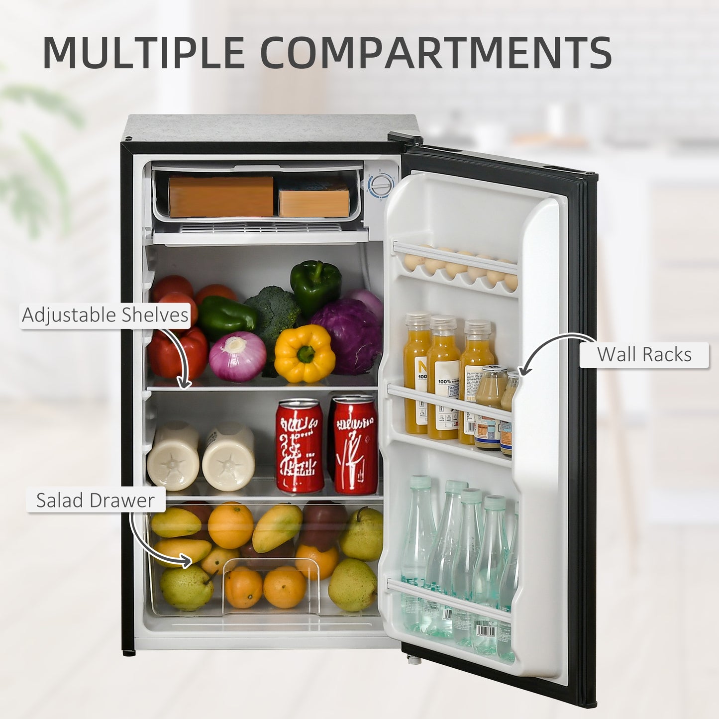 HOMCOM Under Counter Fridge, 91L Small Fridge with Chiller Box, Removable Shelf, Reversible Door, Adjustable Legs, Mini Refrigerator, Black