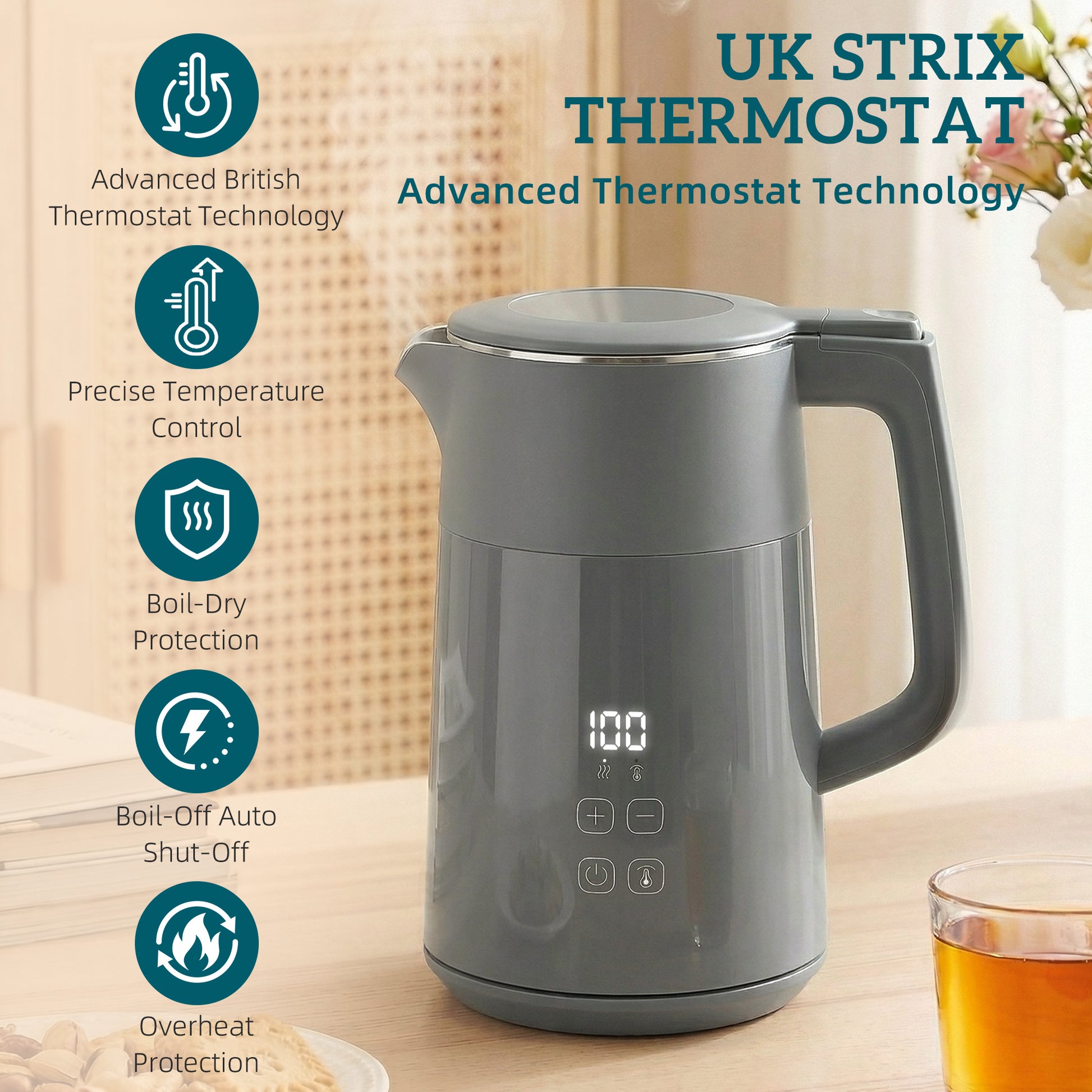 HOMCOM Electric Kettle, 1.7L Fast Boil 3kW Water Kettle with UK Strix Thermostat, LED Display, Keep Warm Function, Grey