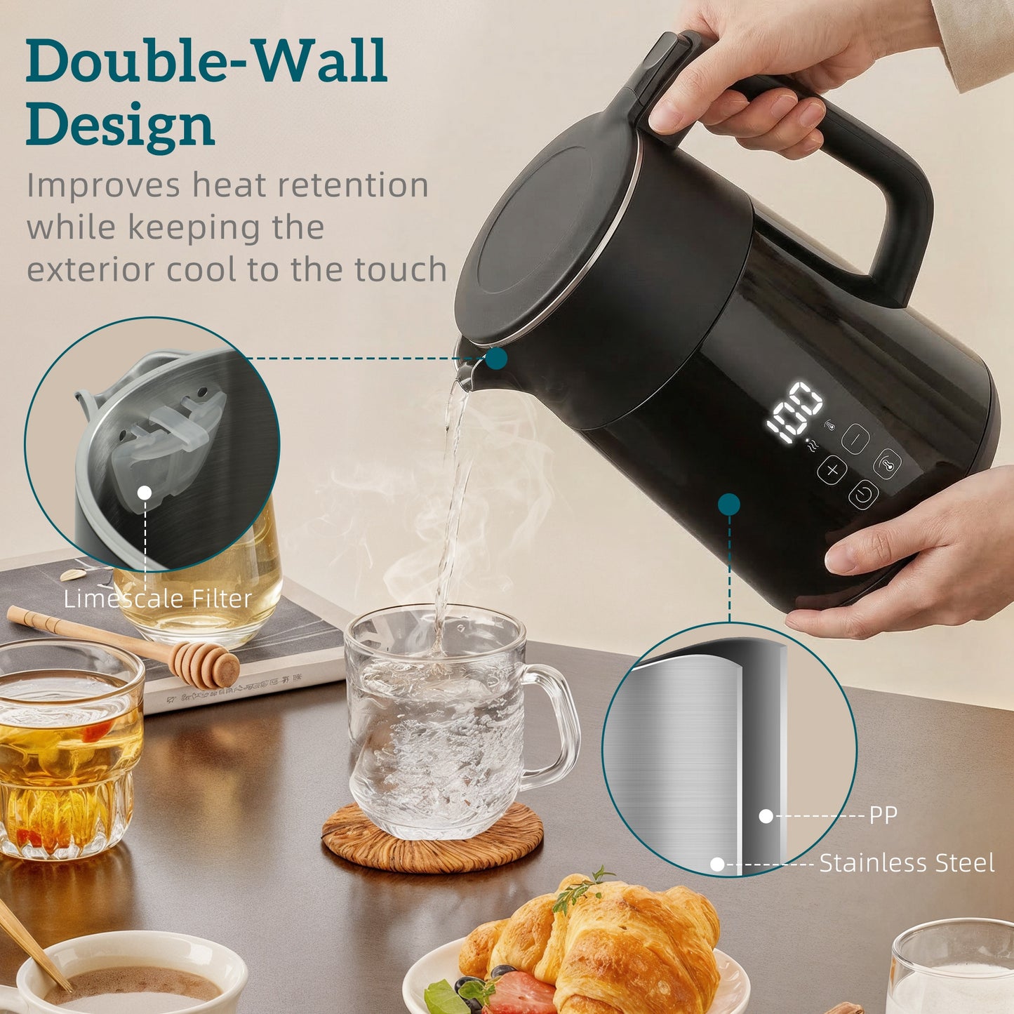 HOMCOM Electric Kettle, 1.7L Fast Boil 3kW Water Kettle with UK Strix Thermostat, LED Display, Keep Warm Function, Black
