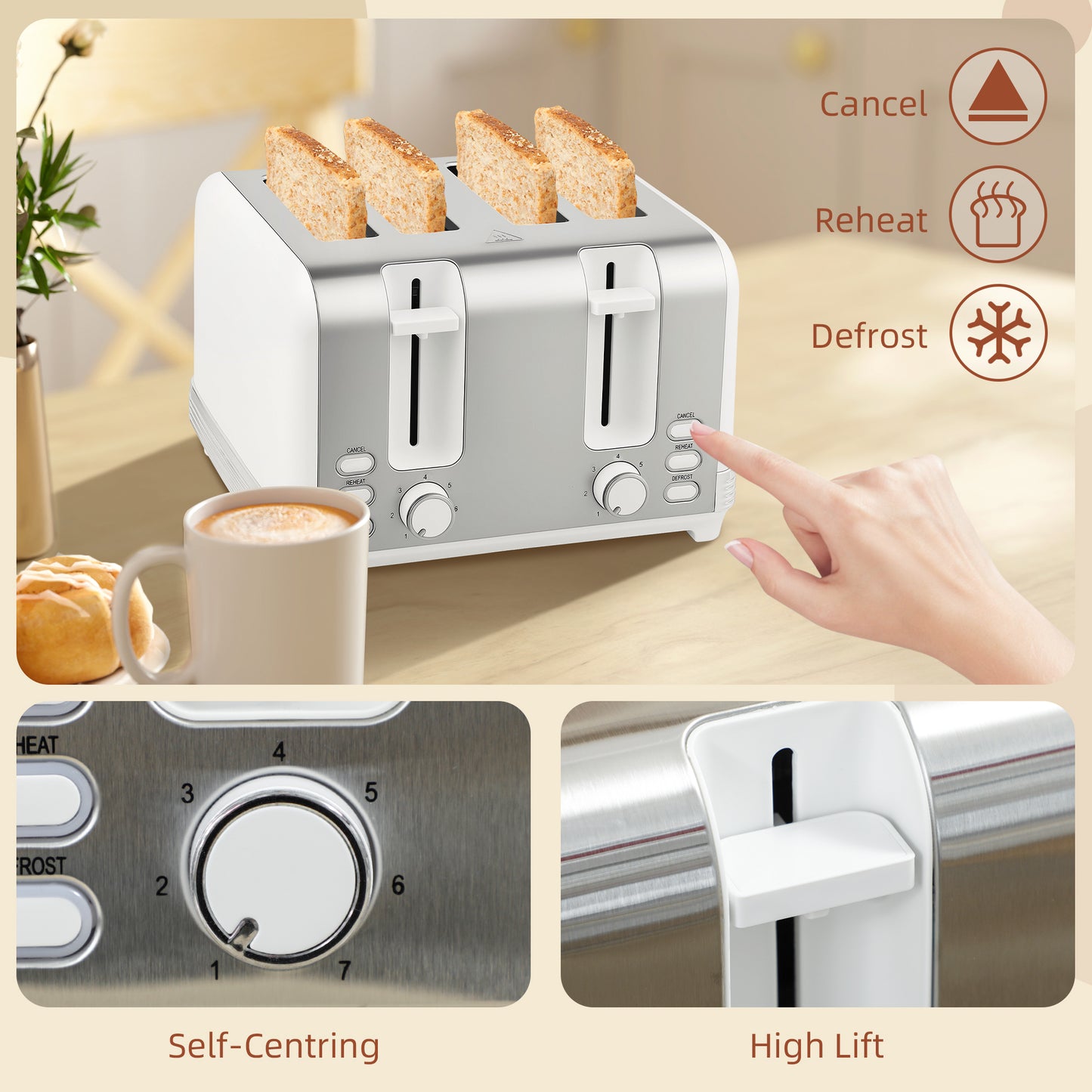 HOMCOM Stainless Steel Panel Kettle and Toaster Set - White