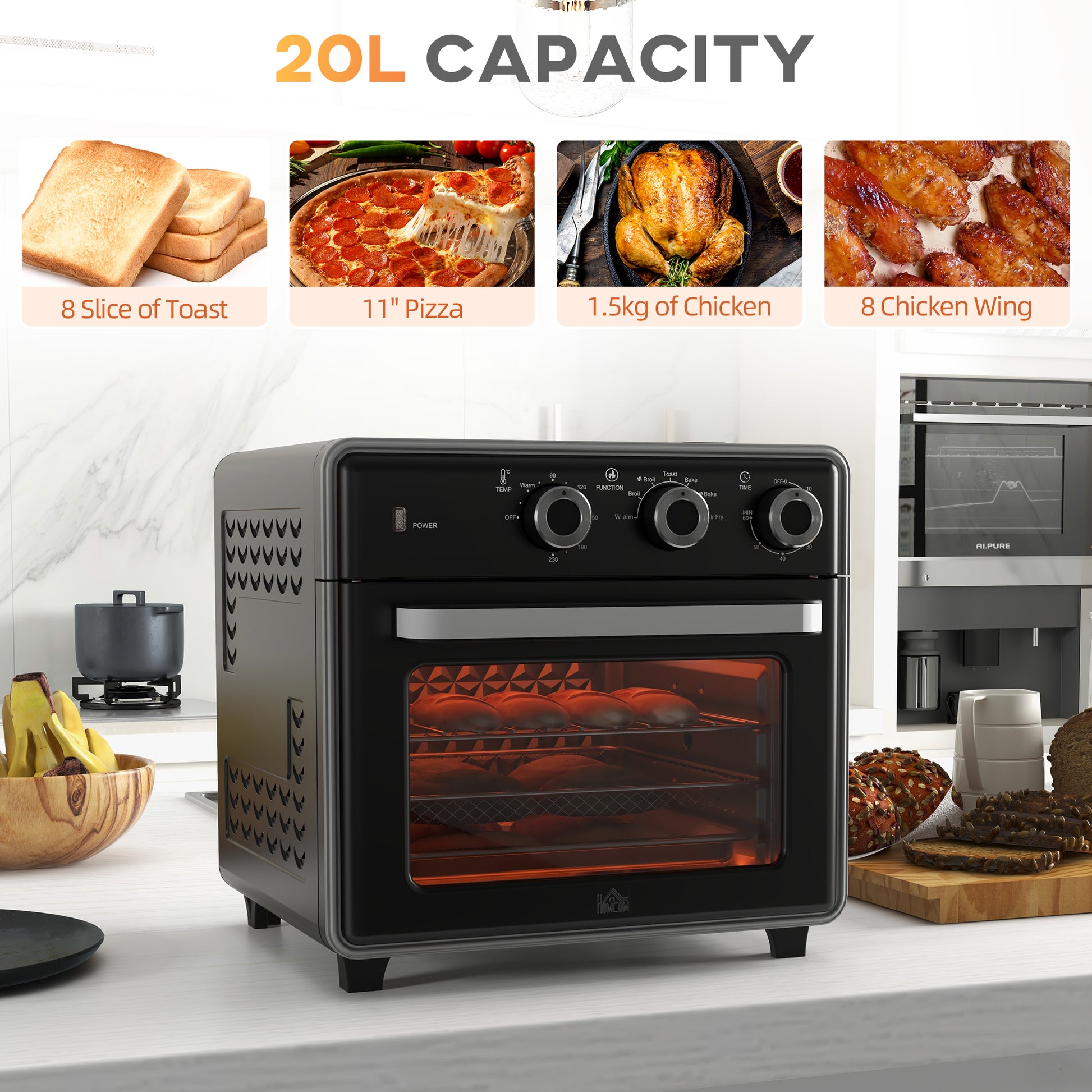 HOMCOM 20L 90-230℃ Mini Convection Oven, with Air Fry Function - Black