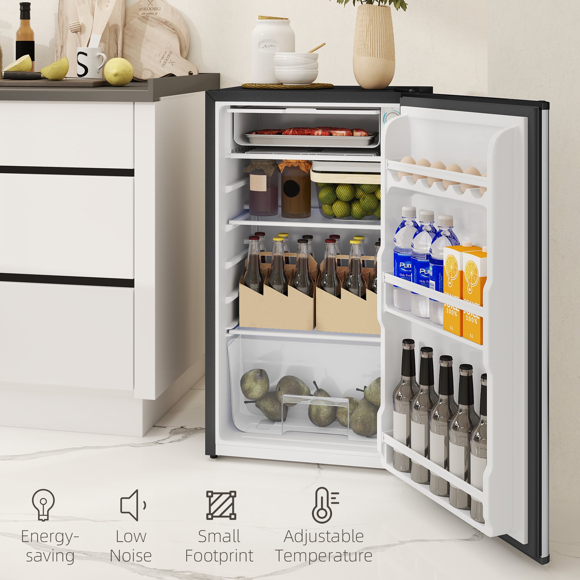 HOMCOM Under Counter Fridge, 91L Small Fridge with Chiller Box, Removable Shelf, Reversible Door, Adjustable Legs, Mini Refrigerator,  Silver Tone