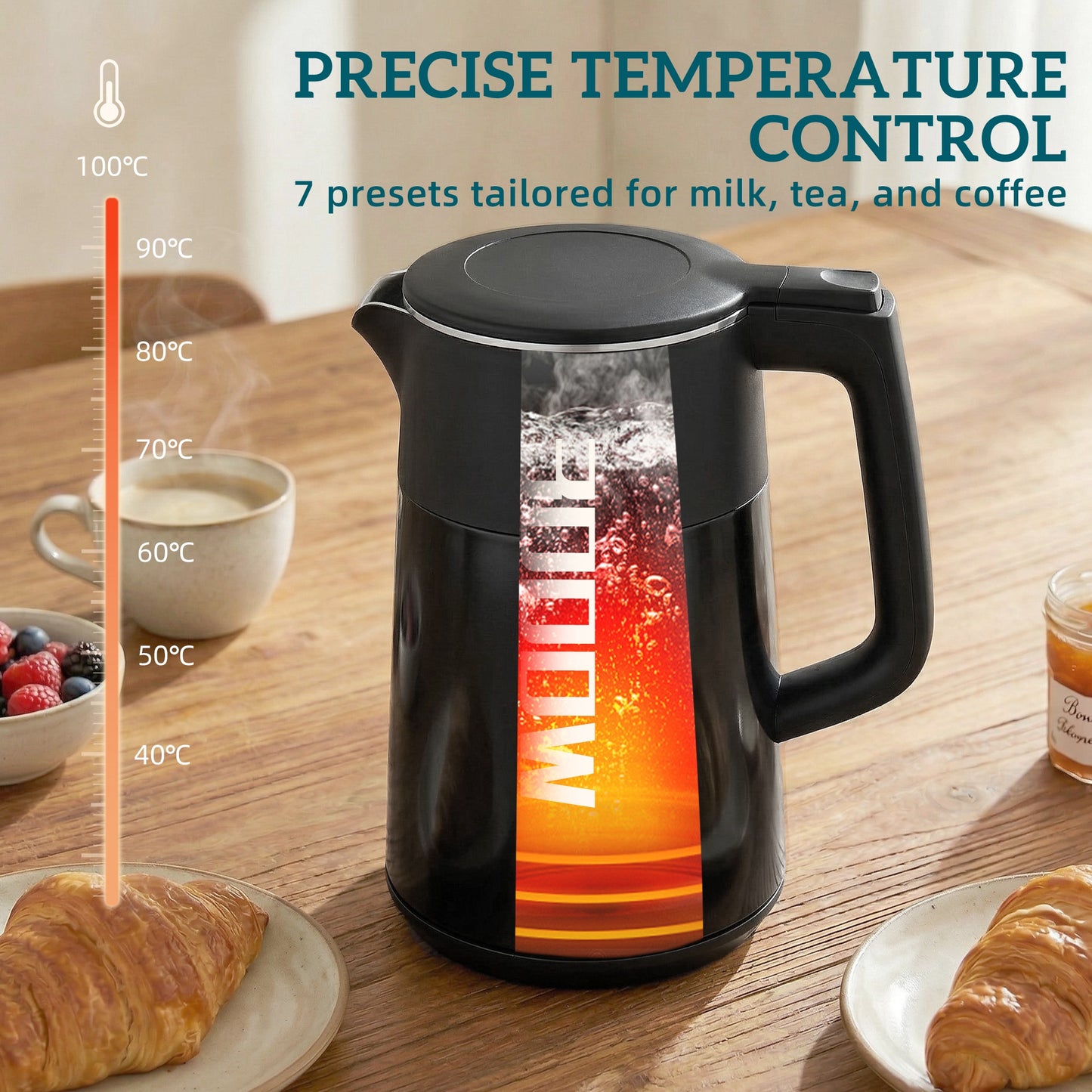 HOMCOM Electric Kettle, 1.7L Fast Boil 3kW Water Kettle with UK Strix Thermostat, LED Display, Keep Warm Function, Black