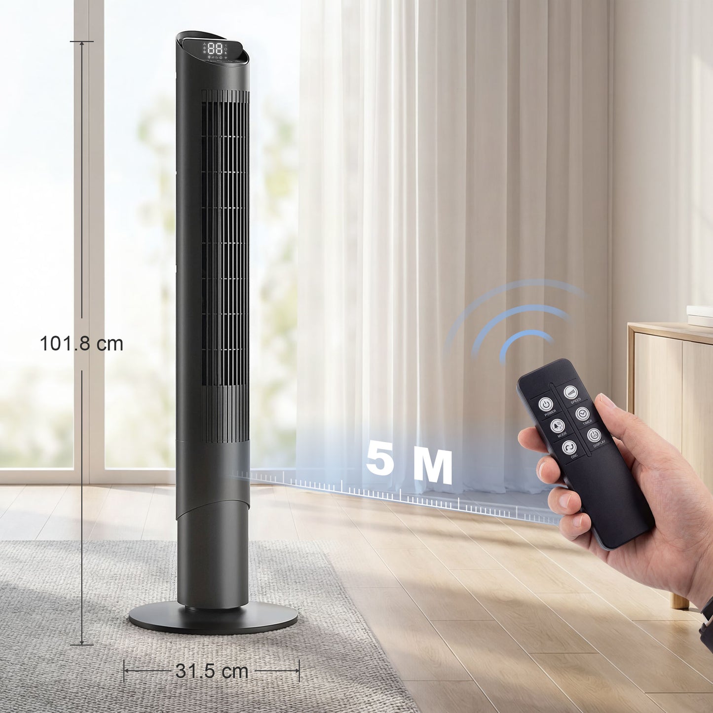 HOMCOM Tower Fan with WiFi App Control Standing Floor Cooling Fan Remote Control 101.8 cm Black