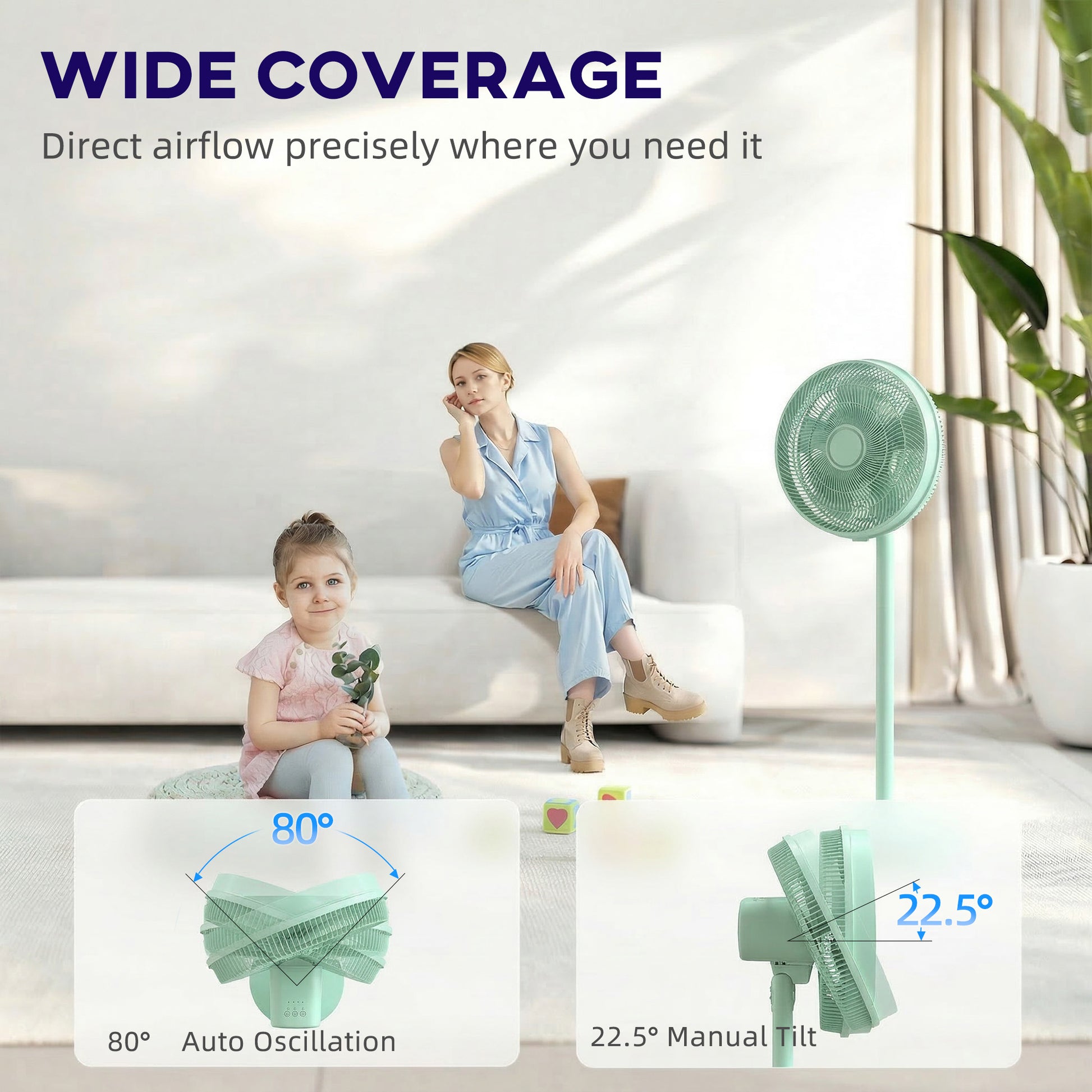 HOMCOM 40 cm Standing Fan, Cooling Floor Fan with 80° Oscillating, Adjustable Tilt and Height, 4 Speed, Remote Control, Green