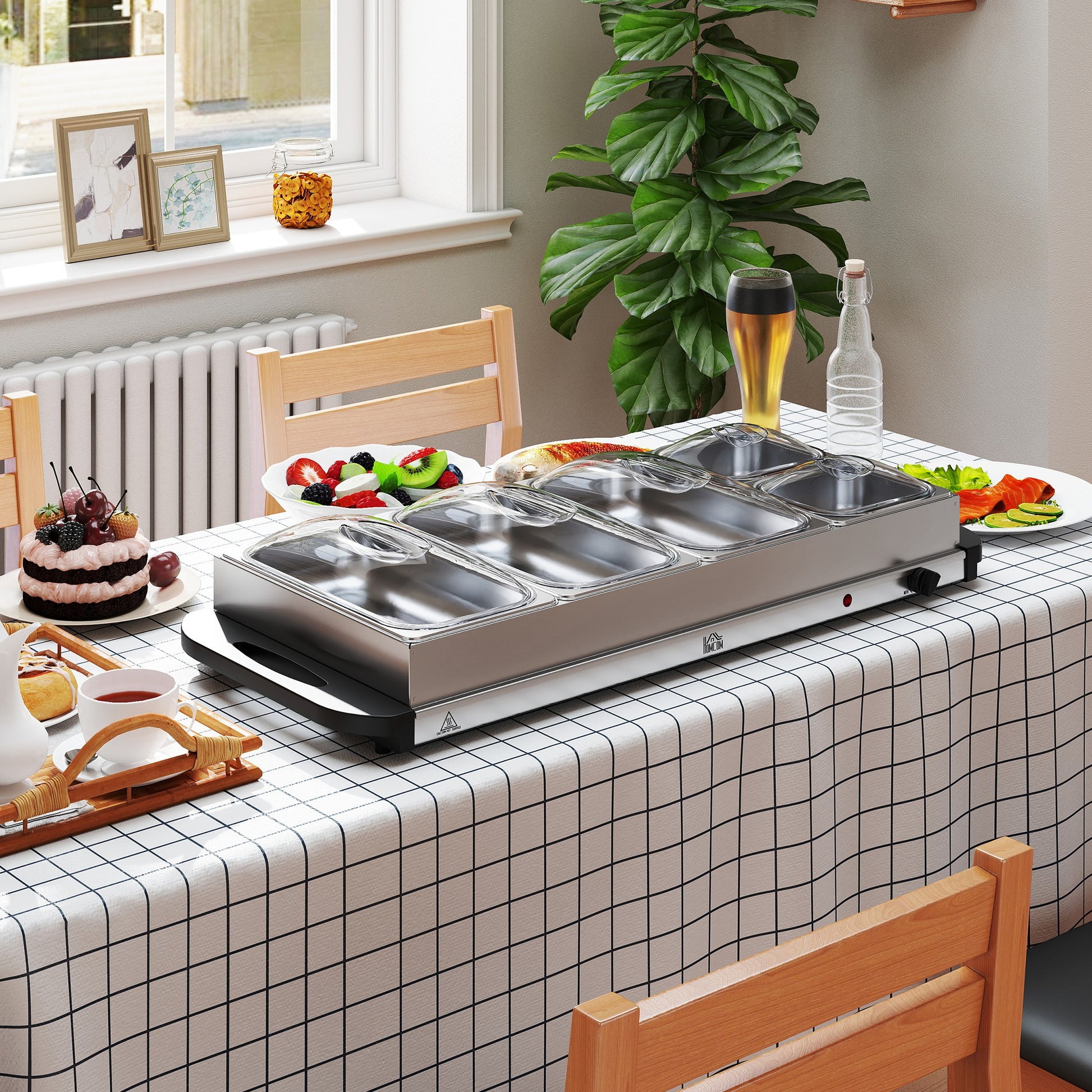 HOMCOM 5 Tray Electric Food Warmer Buffet Server with Warming Plate, Cool Touch Handles, Adjustable Temperature, 300W, 3 x 2.4L and 2 x 1L Pans