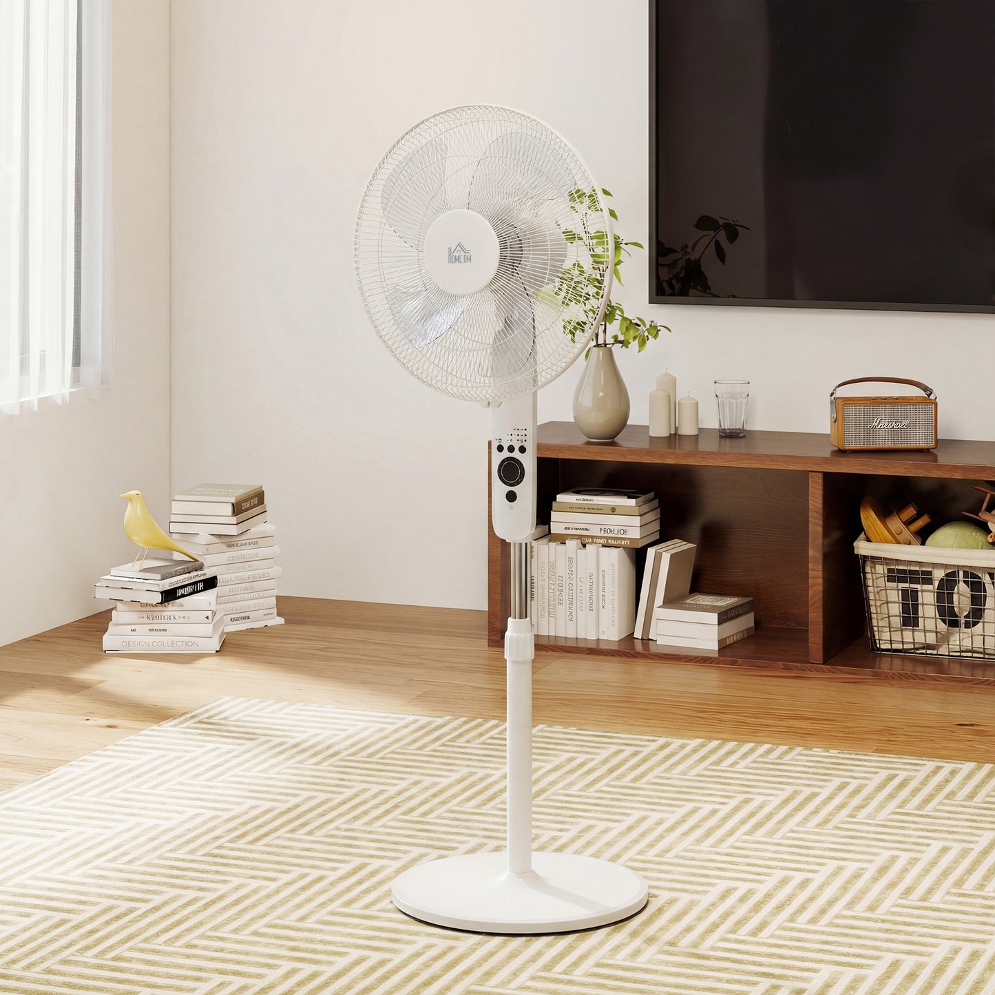 HOMCOM 124cm Pedestal Fan with Sleep Mode, Oscillating Standing Fan with 3 Modes, Remote Control, Adjustable Height, White