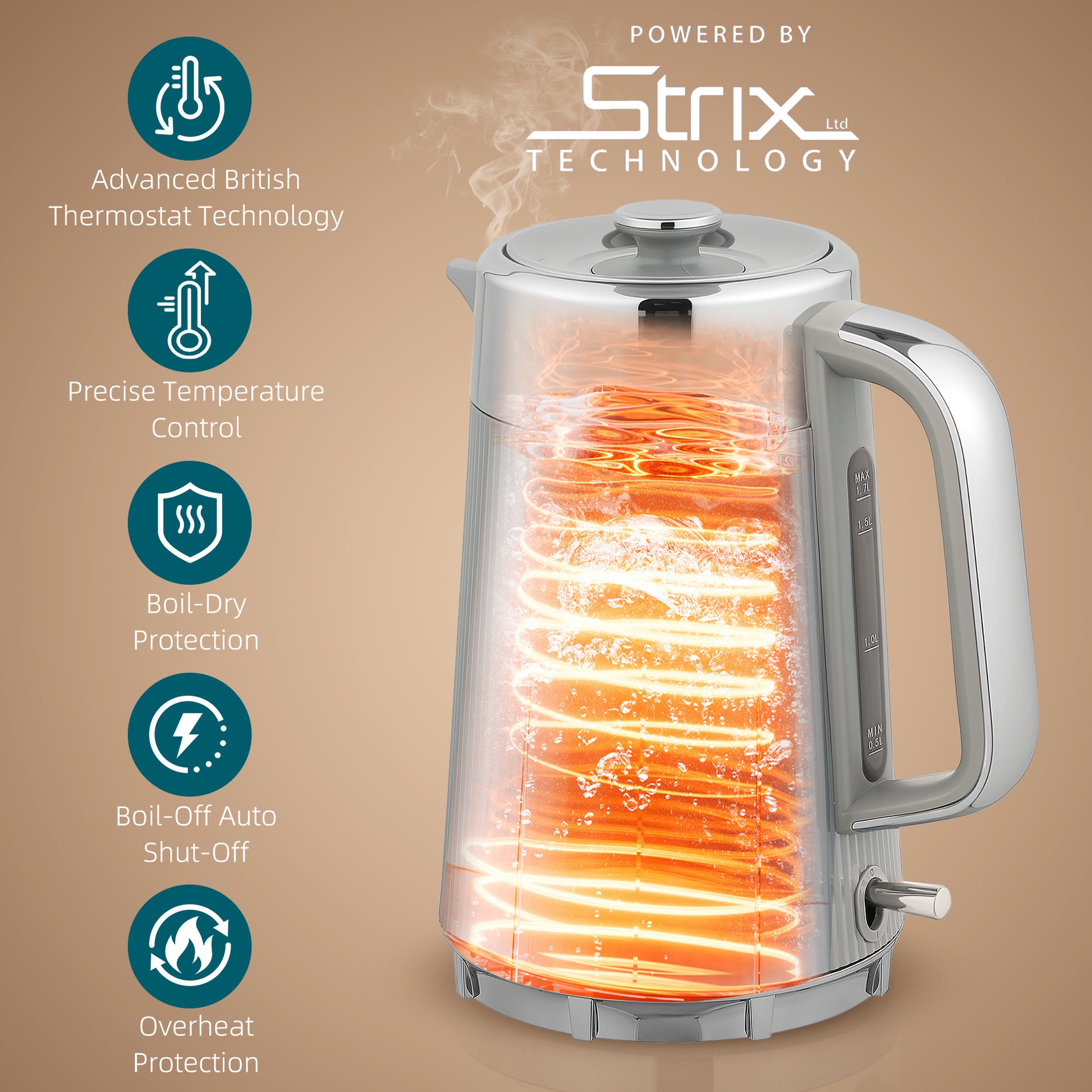 HOMCOM Electric Stainless Steel Kettle and Toaster Set, 3000W 1.7L UK Strix Thermostat Fast Boil Kettle w/ Limescale Filter, Cool Touch Body, 4 Slice Toaster with 7 Browning Levels, Taupe