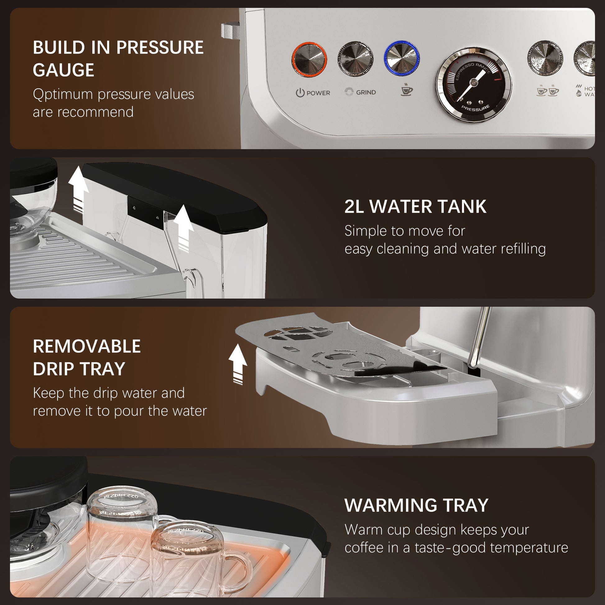 HOMCOM 15 Bar Coffee Machine with 15 Adjustable Grind Setting, Steamer and Complete Kit - Silver Colour