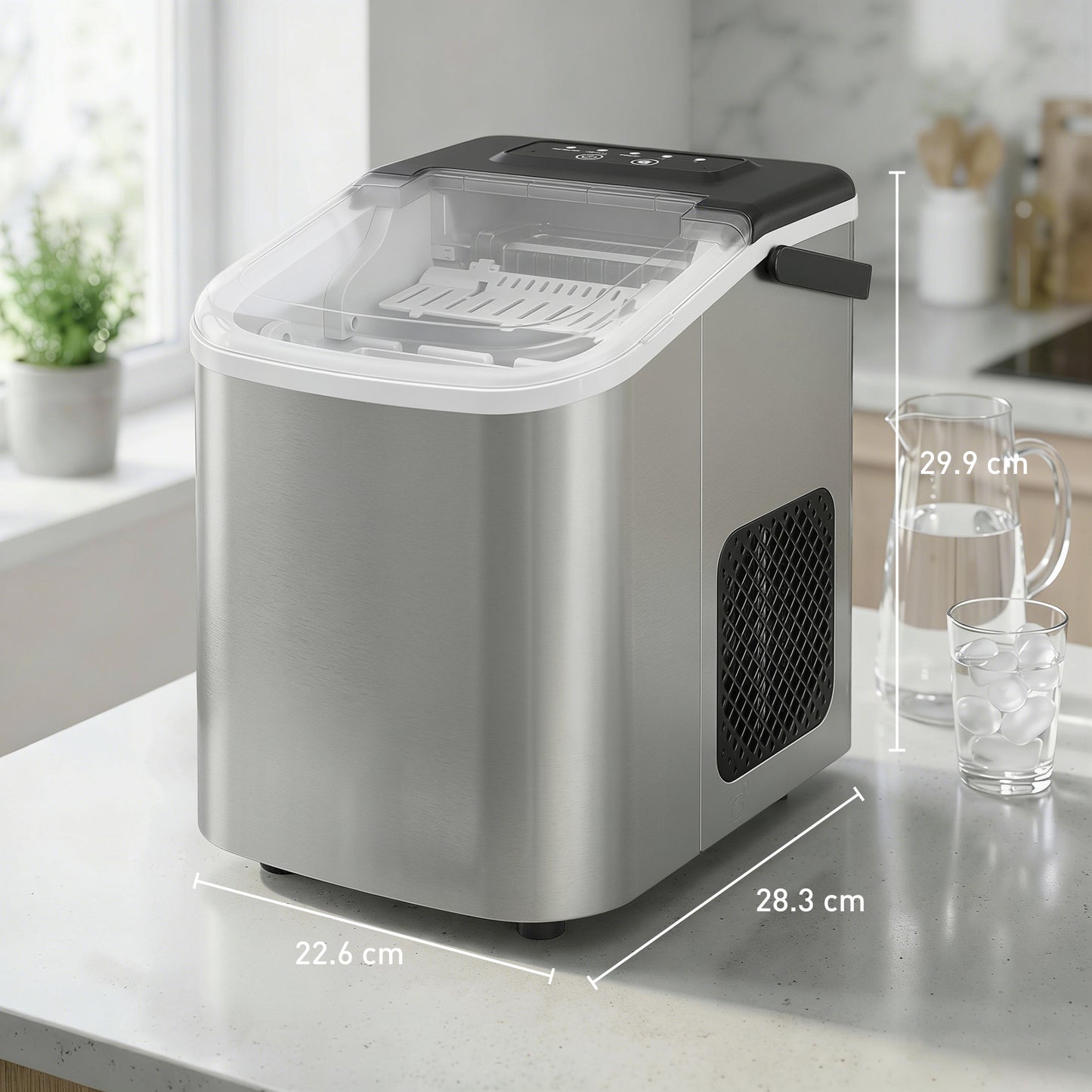 HOMCOM Ice Maker Machine Countertop, 9 Cubes Ready in 7 Mins, 12 KG in 24Hrs, 2 Sizes of Bullet, Self-Cleaning Ice Machine with Portable Handle, Scoop and Basket for Home Kitchen Office RV