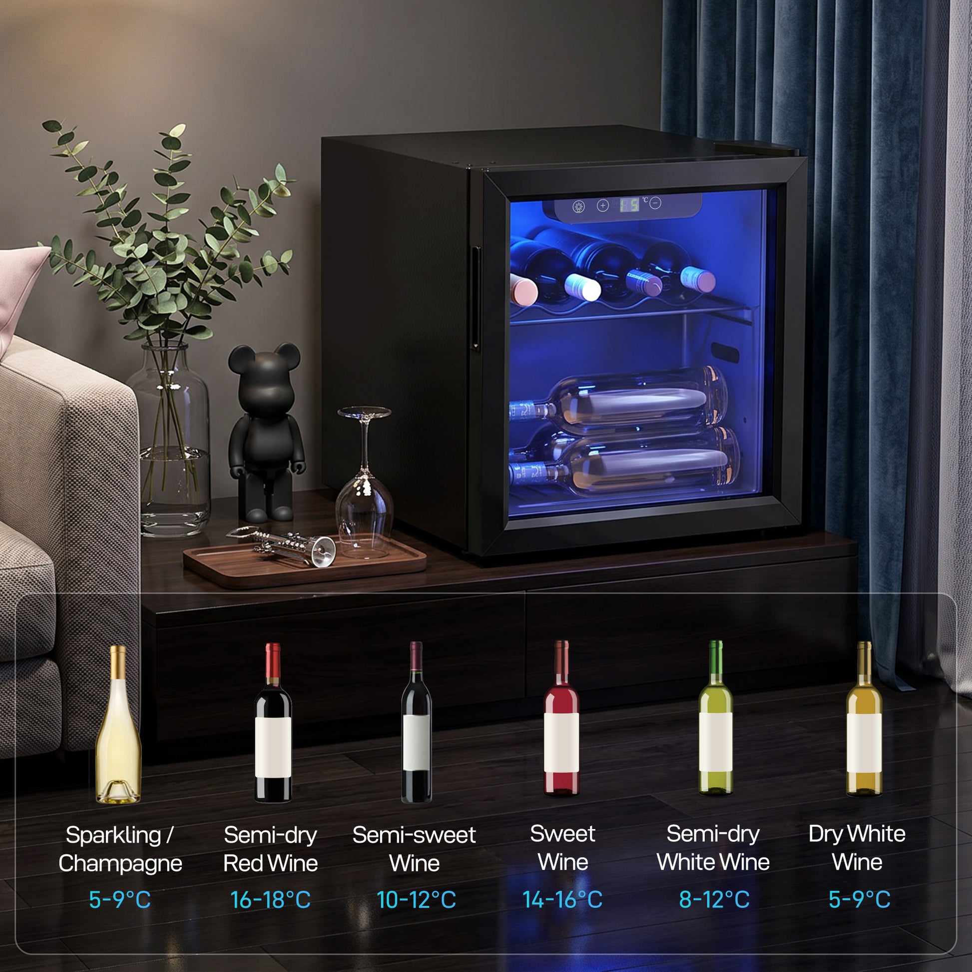 HOMCOM 12 Bottle Wine Cooler, 36 Litre Capacity, 4-16°C Under Counter Drinks Beer Wine Fridge with Glass Door, LED Light, Black