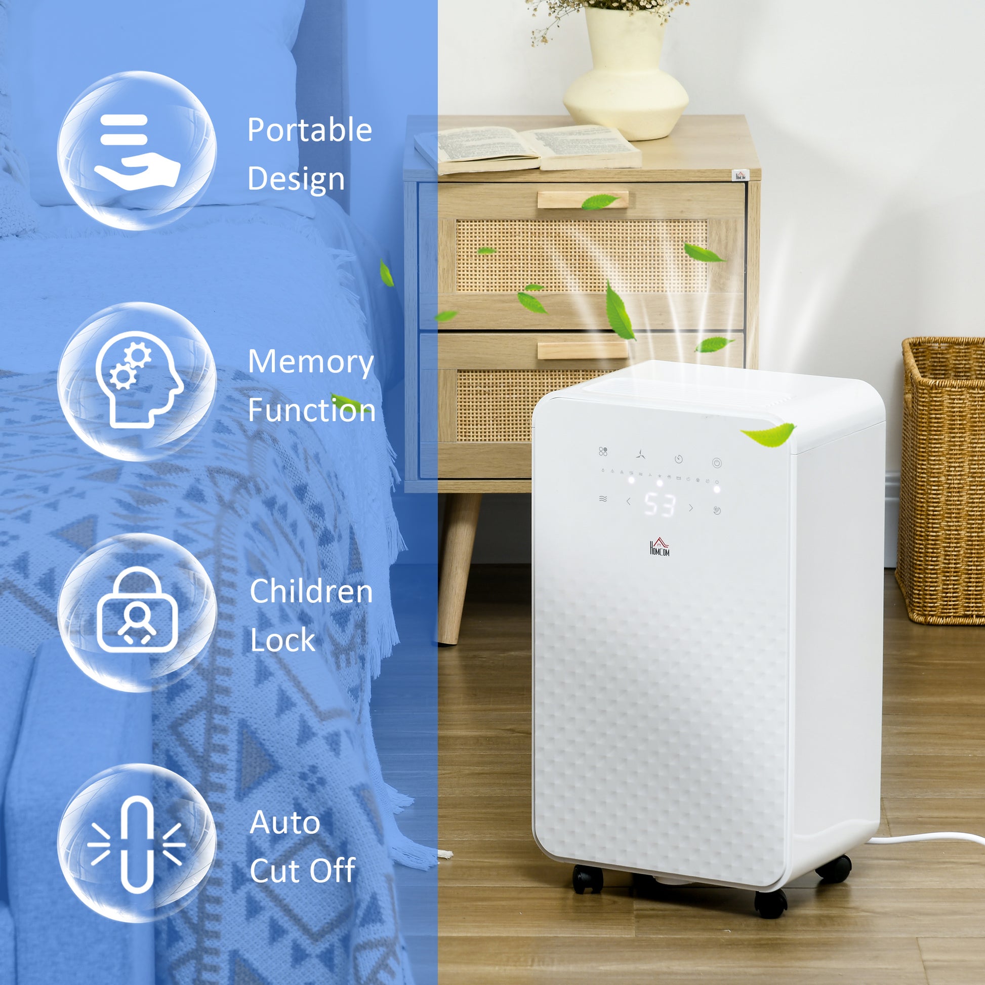 HOMCOM 2000mL Portable Dehumidifier with Air Purifier, 24H Timer, 5 Modes, 12L/Day, for Home Laundry, White