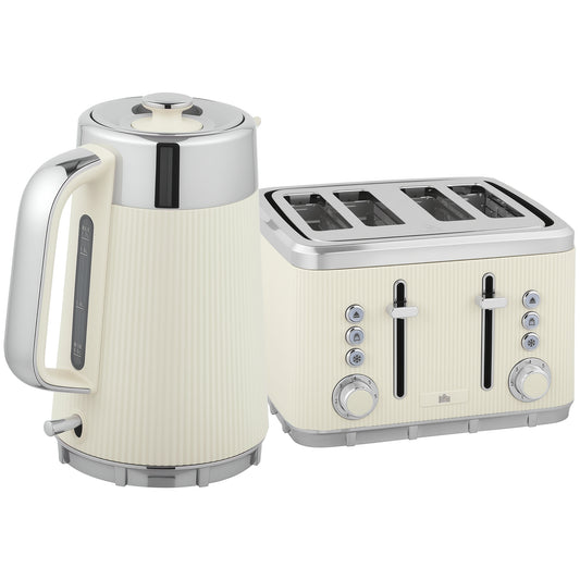 HOMCOM Electric Stainless Steel Kettle and Toaster Set, 3000W 1.7L UK Strix Thermostat Fast Boil Kettle w/ Limescale Filter, Cool Touch Body, 4 Slice Toaster with 7 Browning Levels, Cream White