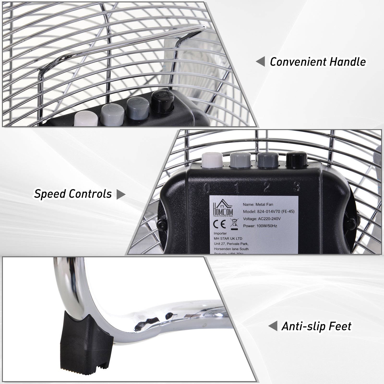 HOMCOM 18" Chrome Metal Floor Fan with Tilting, High Velocity, 3 Speed, Portable Gym Fan for Home Office, Silver