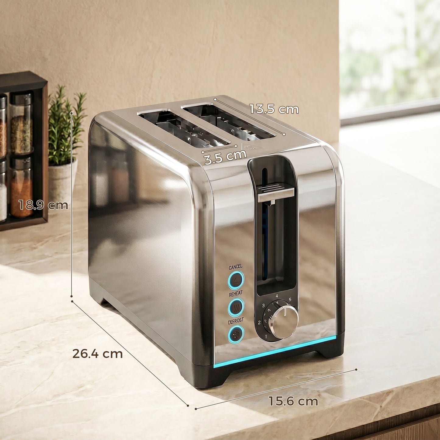 HOMCOM 2 Slice Toaster with 7 Browning Levels, Reheat, Defrost and Cancel Functions