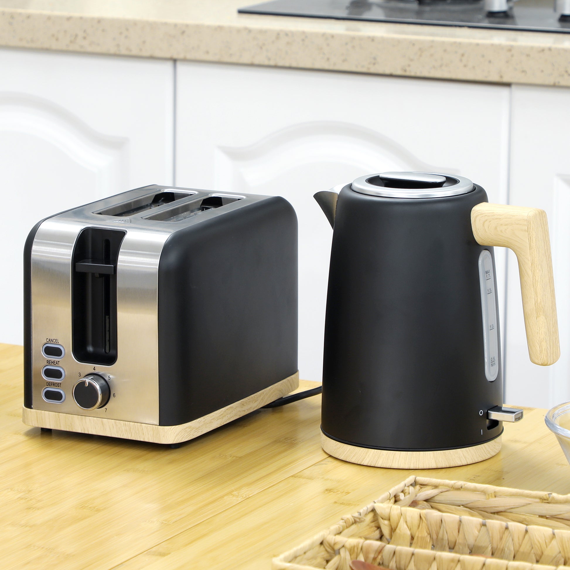 HOMCOM Stainless Steel Kettle and Toaster Set, 1.7L 3000W Fast Boil Kettle & 2 Slice Toaster Kitchen Set with 7 Level Browning Controls, Defrost, Reheat, Auto Off, Boil-dry Protection, Black