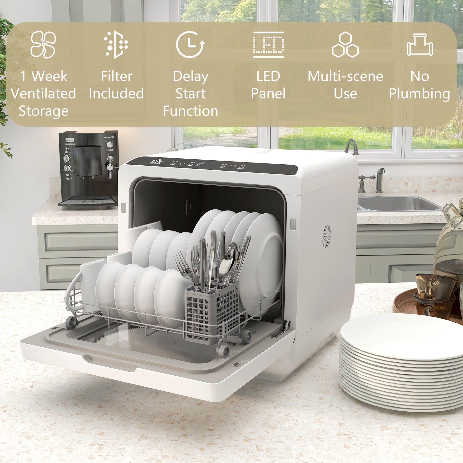 HOMCOM Six-Programme Countertop Dishwasher - White