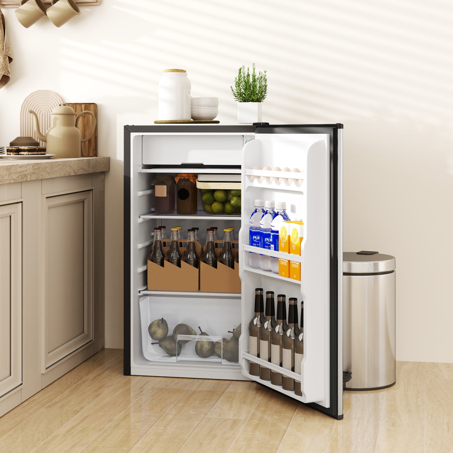 HOMCOM Under Counter Fridge, 91L Small Fridge with Chiller Box, Removable Shelf, Reversible Door, Adjustable Legs, Mini Refrigerator,  Silver Tone