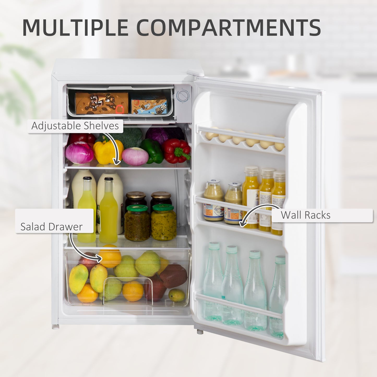 HOMCOM 91L Small Fridge with Chiller Box Under Counter Fridge with Reversible Door, Good Housekeeping Institute Approved, White