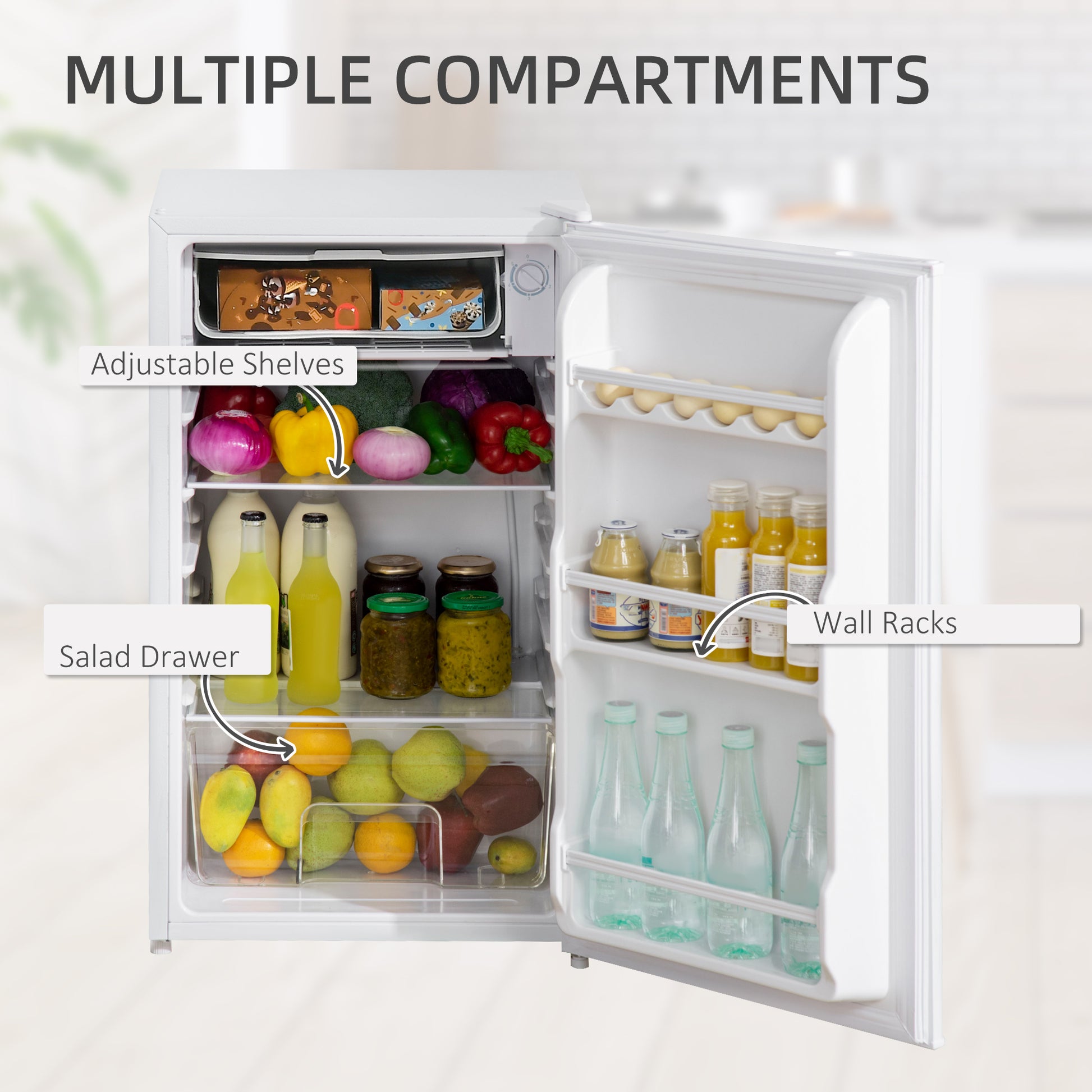 HOMCOM 91L Small Fridge with Chiller Box Under Counter Fridge with Reversible Door, Good Housekeeping Institute Approved, White